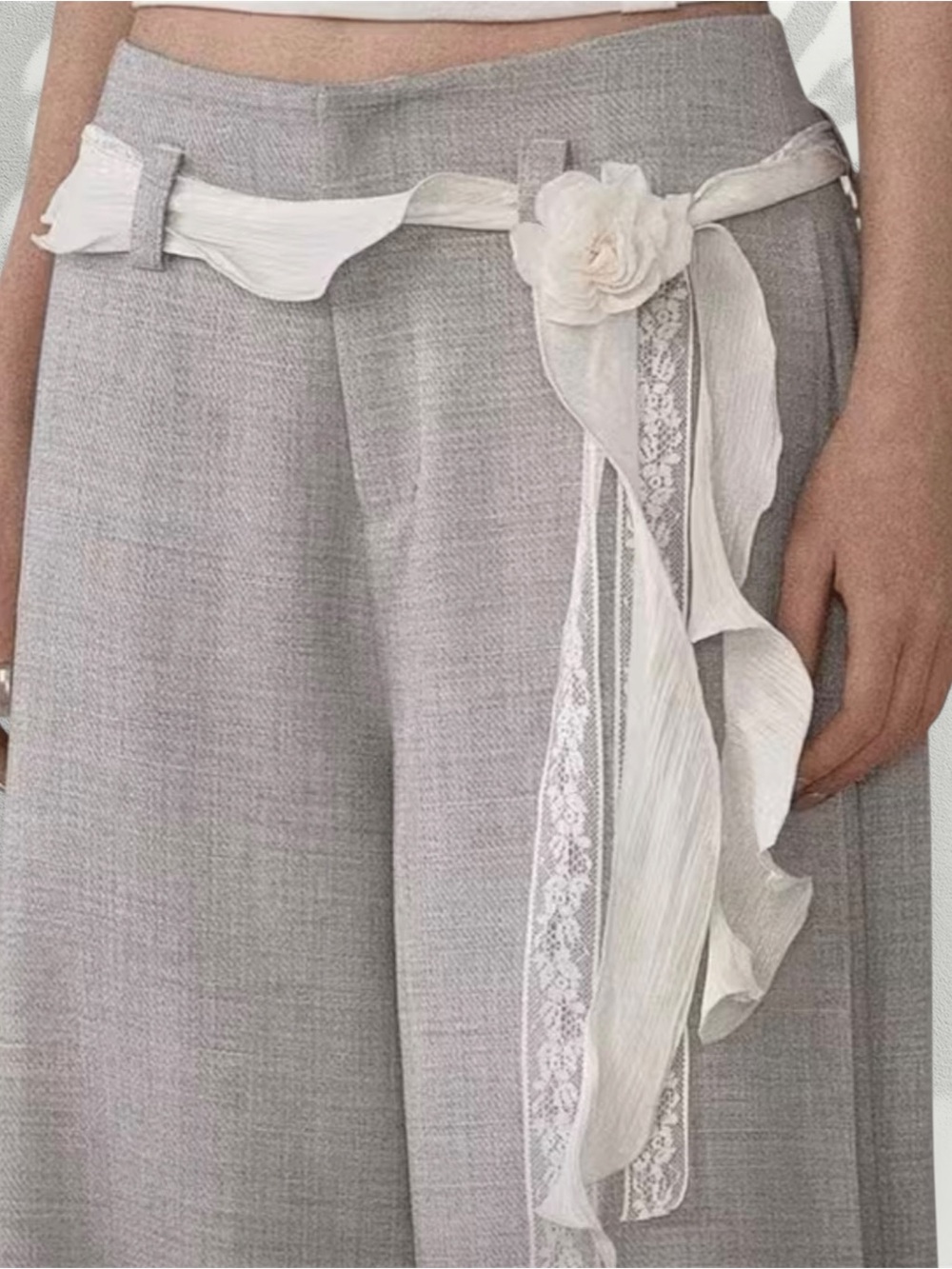 Vintage Cream Fabric Flower Belt w/ Lace Trim & Ruffles